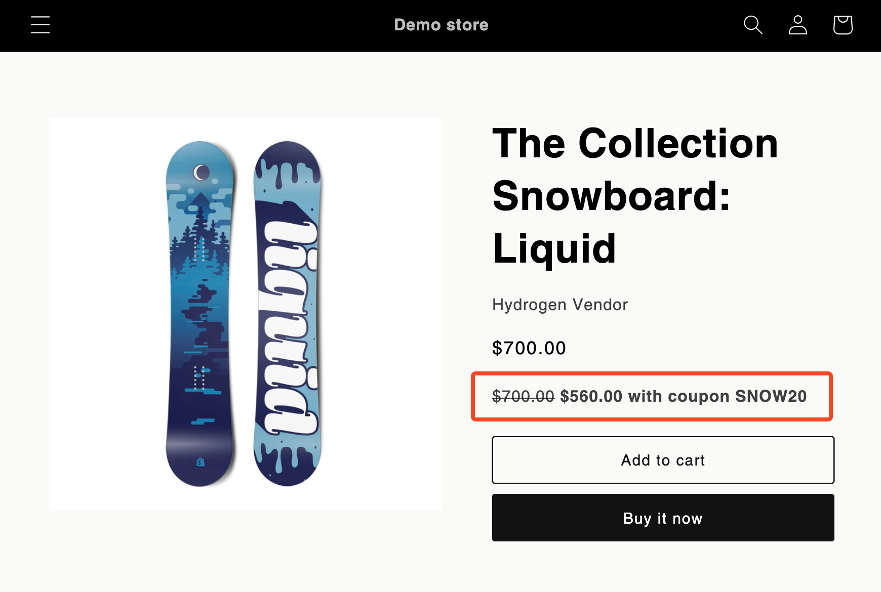 Screenshot of a demo store showing strikethrough pricing